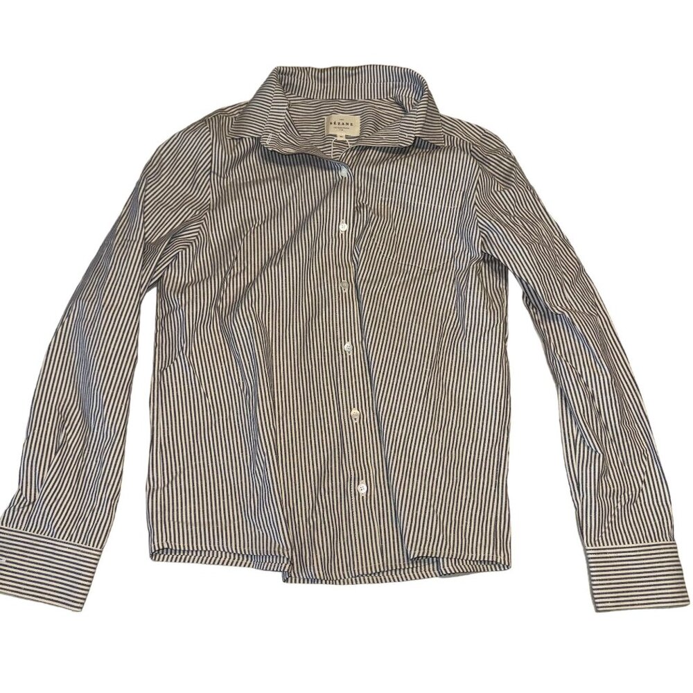Sezane Navy and White Striped Button-Down Shirt